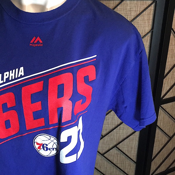 MAJESTIC LARGE PHILDELPHIA 76ERS EMBIID # 21 TEE SHIRT GENTLY USED - Picture 3 of 6